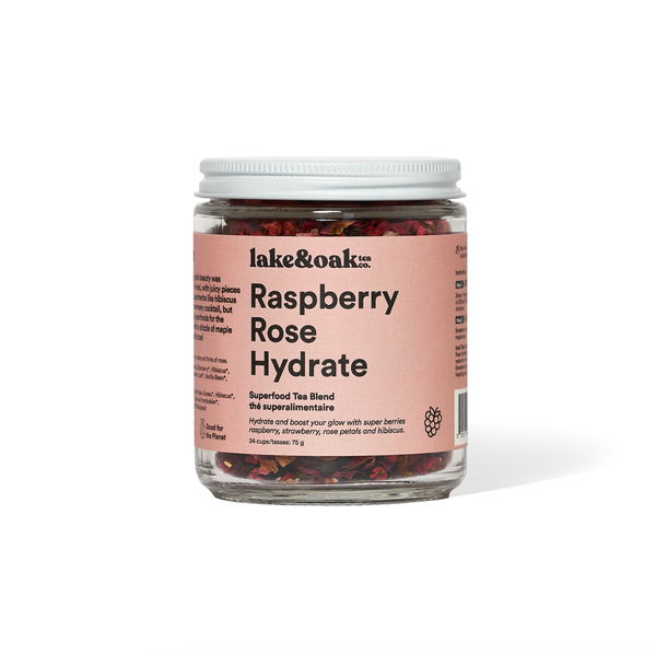 a jar of Raspberry Rose Hydrate Superfood Tea Blend